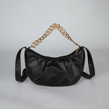 Pleated Shoulder Bag Half Moon Chain Crossbody Bags For Women Solid Pu Leather