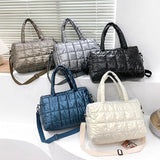 Nylon Waterproof Grid Bucket Shoulder Bag for Women - Winter Ladies Handbag