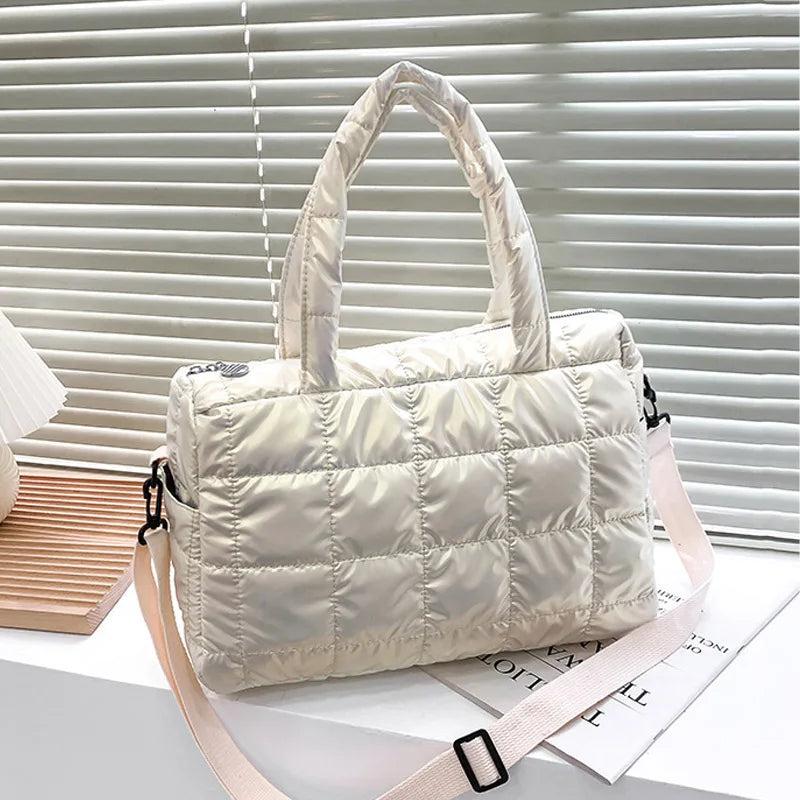 Nylon Waterproof Grid Bucket Shoulder Bag for Women - Winter Ladies Handbag
