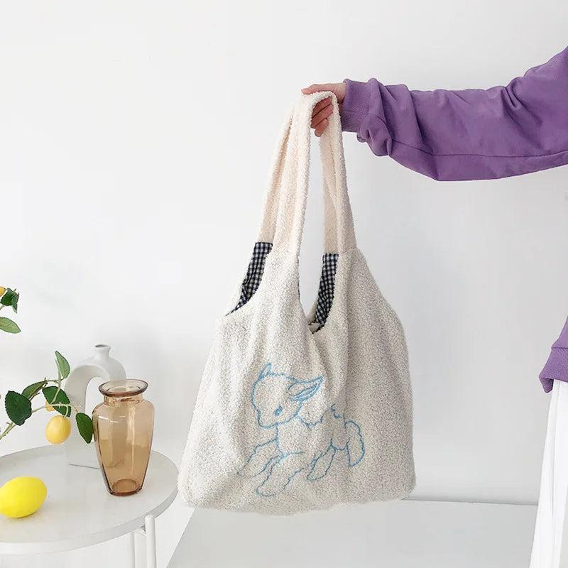 Soft Shopper Bags Lamb Wool Fabric Shoulder Bag Handbag Tote Large Capacity