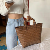 Vintage Straw Handbag Wooden Handle Beach Bag
