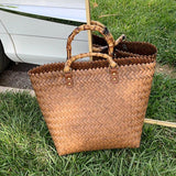 Vintage Straw Handbag Wooden Handle Beach Bag