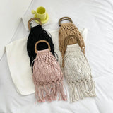 Summer Tassel Mesh Shoulder Bag for Women Soft Hollow Woven Beach Travel Handbag