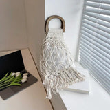 Summer Tassel Mesh Shoulder Bag for Women Soft Hollow Woven Beach Travel Handbag