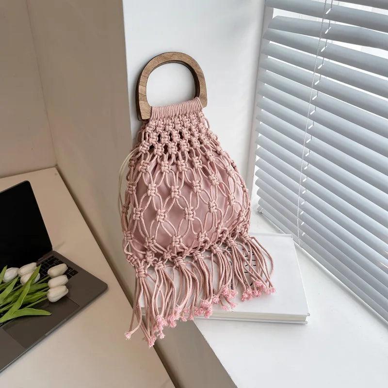 Summer Tassel Mesh Shoulder Bag for Women Soft Hollow Woven Beach Travel Handbag