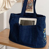 Women's Denim Shoulder Bag Embroidered Handbag Purse Tote with Outer Pocket