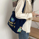 Women's Denim Shoulder Bag Embroidered Handbag Purse Tote with Outer Pocket