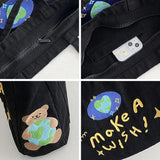 Women's Denim Shoulder Bag Embroidered Handbag Purse Tote with Outer Pocket