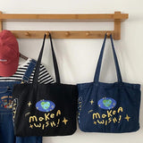 Women's Denim Shoulder Bag Embroidered Handbag Purse Tote with Outer Pocket