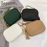 Women's Vintage Thread Crossbody Bag Soft PU Leather Tassel Purses Chain Bag