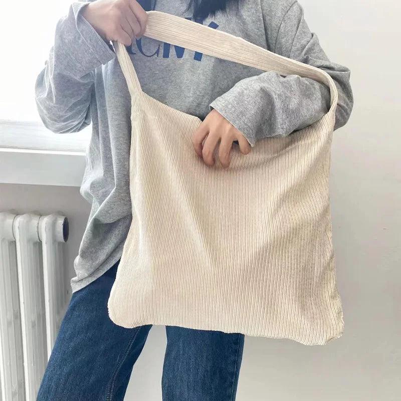 Corduroy Casual Tote Women Travel Reusable Handbag Large Shoulder Bag
