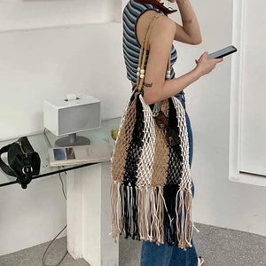 Colorful Summer Beach Bag Woven Knitted Straw Handbag Tassel Shoulder Bags