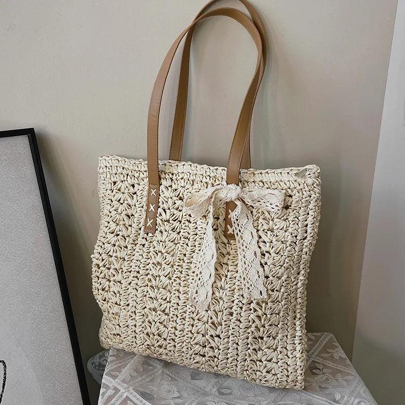 Bohemian Ribbon Straw Bag Women Large Capacity Woven Rattan Tote Bag