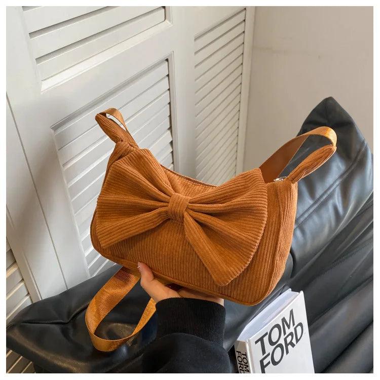 Stripe Bowknot Shoulder Bag Corduroy Cotton Girl Minaudiere Shoulder Bag