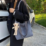 Women Corduroy Shoulder Bag Solid Casual Shopping Tote Zipper Handbag