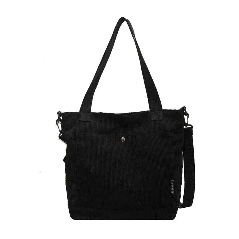 Women Corduroy Shoulder Bag Solid Casual Shopping Tote Zipper Handbag