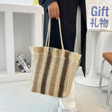 Vintage Stripe Straw Shoulder Bag Summer Woven Large Capacity Handbag Beach