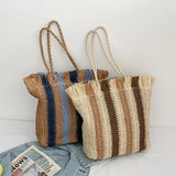 Vintage Stripe Straw Shoulder Bag Summer Woven Large Capacity Handbag Beach