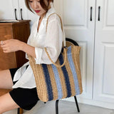 Vintage Stripe Straw Shoulder Bag Summer Woven Large Capacity Handbag Beach