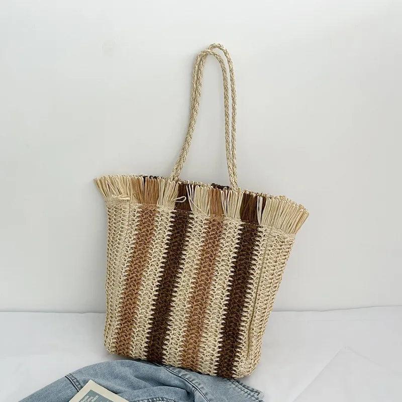 Vintage Stripe Straw Shoulder Bag Summer Woven Large Capacity Handbag Beach