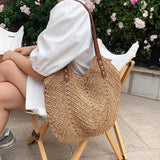 Summer Straw Bucket Bag Women Vacation Rattan Tote Bag Large Capacity