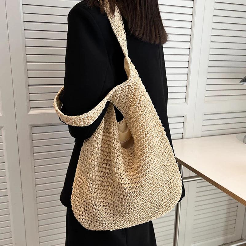 Women Large Capacity Shoulder Bags Straw Woven Travel Shopper Totes