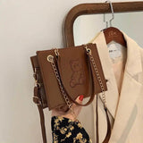 Embroidered Bear Square Shoulder Bag, Leather Crossbody for Women