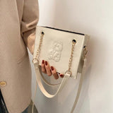 Embroidered Bear Square Shoulder Bag, Leather Crossbody for Women