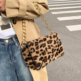 Leopard Print Thick Chain Shoulder Bag Plush Handbag Small Square Bag
