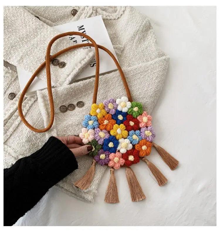 Boho Rattan Beach Bag Tassel Crochet Fringed Woven Handbag