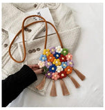 Boho Rattan Beach Bag Tassel Crochet Fringed Woven Handbag