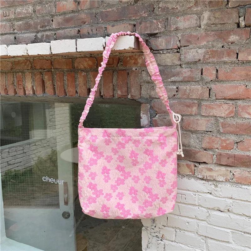 Vintage Floral Crossbody Bag Pink Pleated Shoulder Tote Handbag