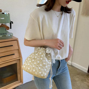 Rattan Shoulder Bag Lace Beach Straw Bucket Bag Retro Woven Bag