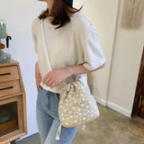 Rattan Shoulder Bag Lace Beach Straw Bucket Bag Retro Woven Bag