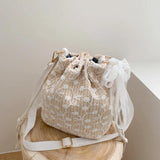 Rattan Shoulder Bag Lace Beach Straw Bucket Bag Retro Woven Bag