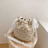 Rattan Shoulder Bag Lace Beach Straw Bucket Bag Retro Woven Bag