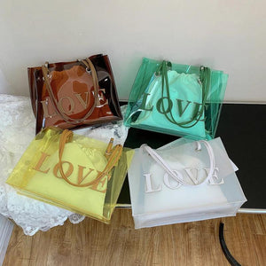 2pcs Transparent Letters Printing Tote Handbags Shoulder Bag Drawstring Pouch
