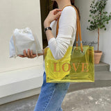 2pcs Transparent Letters Printing Tote Handbags Shoulder Bag Drawstring Pouch