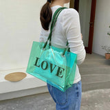 2pcs Transparent Letters Printing Tote Handbags Shoulder Bag Drawstring Pouch