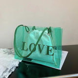 2pcs Transparent Letters Printing Tote Handbags Shoulder Bag Drawstring Pouch