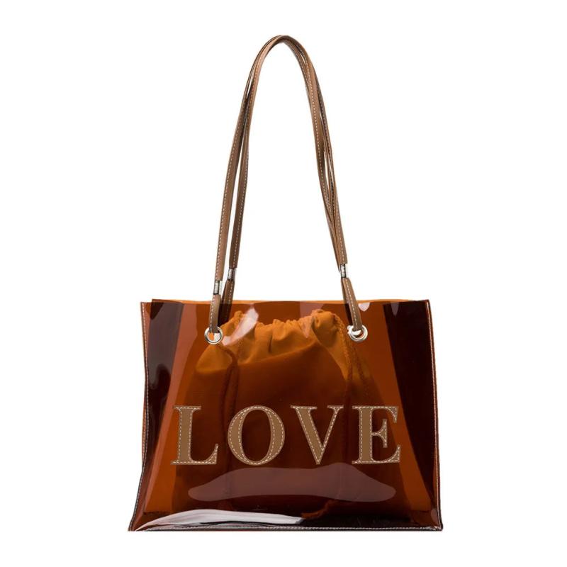 2pcs Transparent Letters Printing Tote Handbags Shoulder Bag Drawstring Pouch