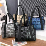 Women's Winter Padded Space Duffel Bag - Plaid Nylon Shoulder Bag