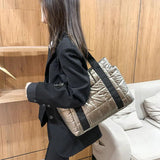 Women's Winter Padded Space Duffel Bag - Plaid Nylon Shoulder Bag