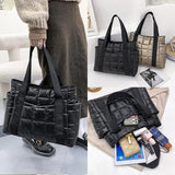 Women's Winter Padded Space Duffel Bag - Plaid Nylon Shoulder Bag