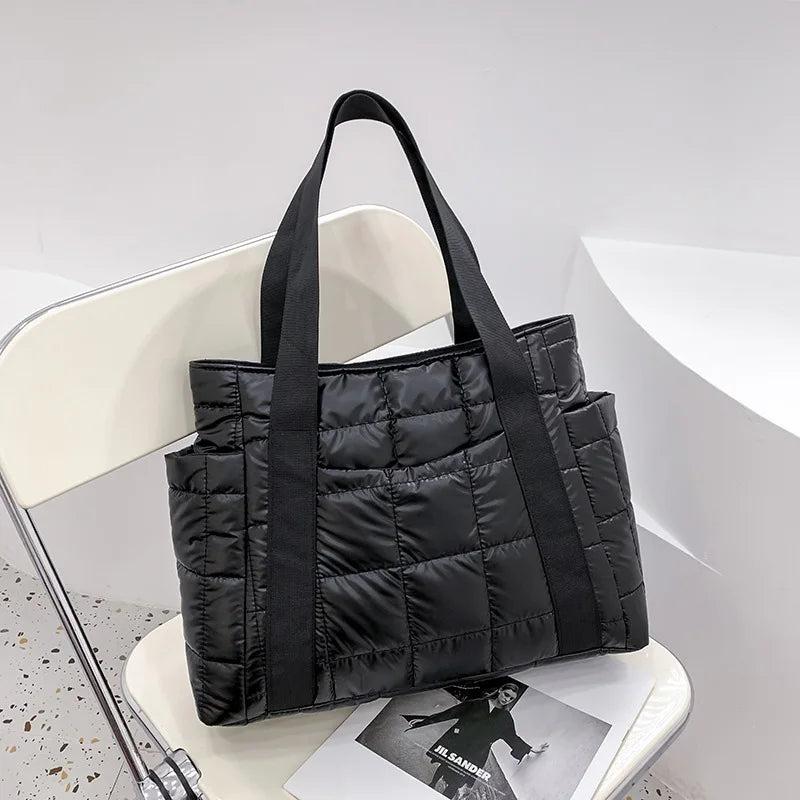 Women's Winter Padded Space Duffel Bag - Plaid Nylon Shoulder Bag
