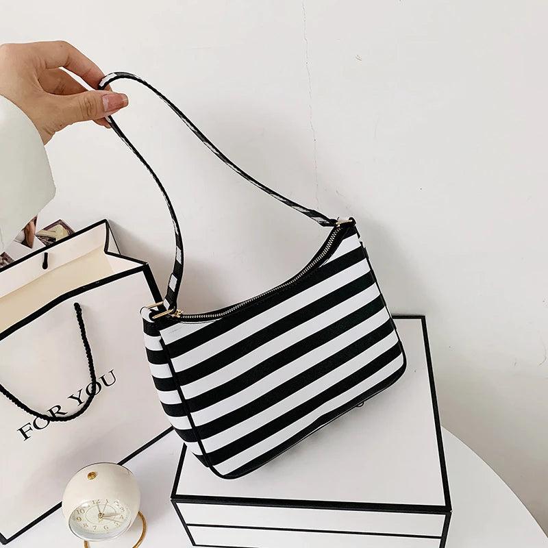 Vintage Leather Shoulder Bag Striped Street Shopping Handbag