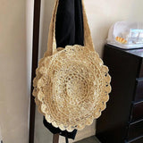 Round Woven Straw Beach Bag Shoulder Tote for Summer Travel