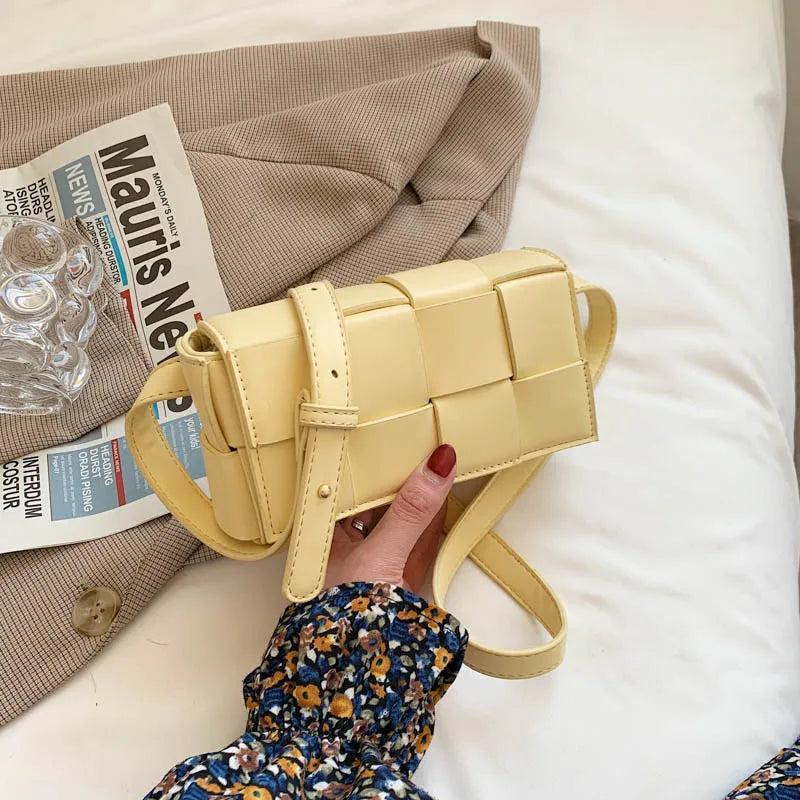 Woven Shoulder Bag Female PU Leather Flap Square Crossbody Bag