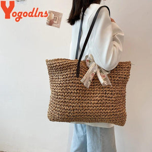 Summer Lace Ribbon Straw Female Large Capacity Shoulder Woven Totes Bag