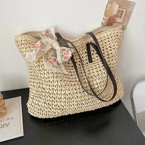 Summer Lace Ribbon Straw Female Large Capacity Shoulder Woven Totes Bag